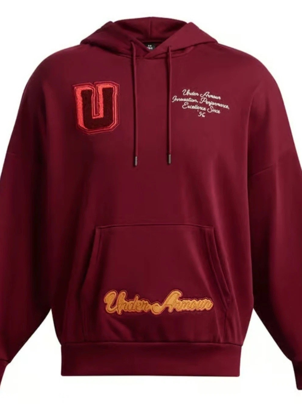Under Armour Men's Burgundy Hoodie with Contrasting Patchwork Logos